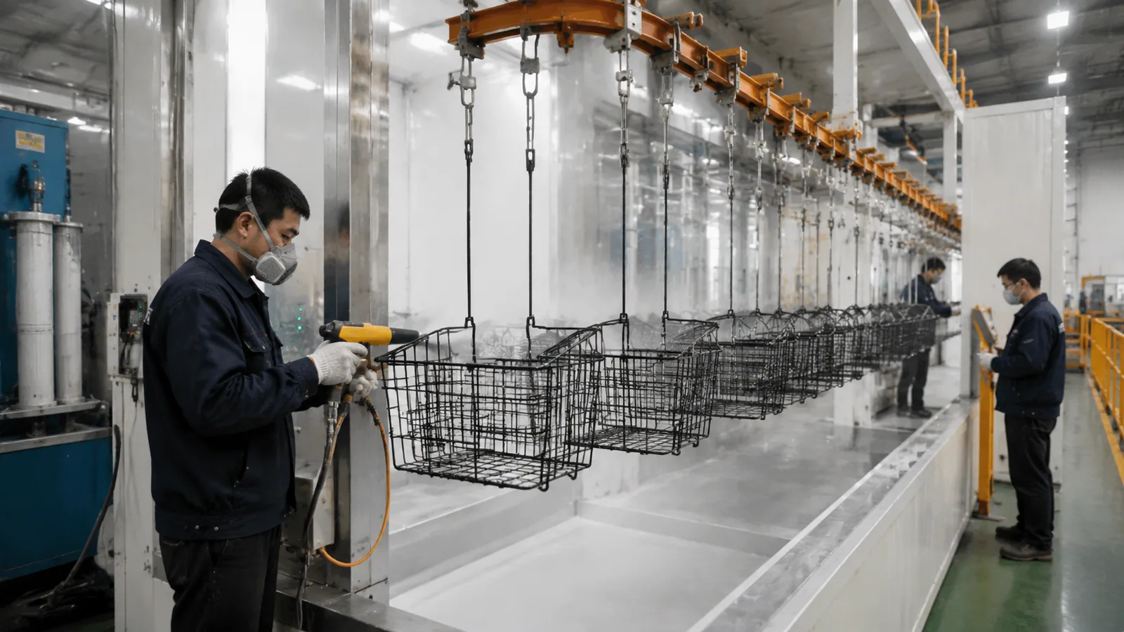 Metal basket powder coating Metal basket powder coating line at the Sunrise factory