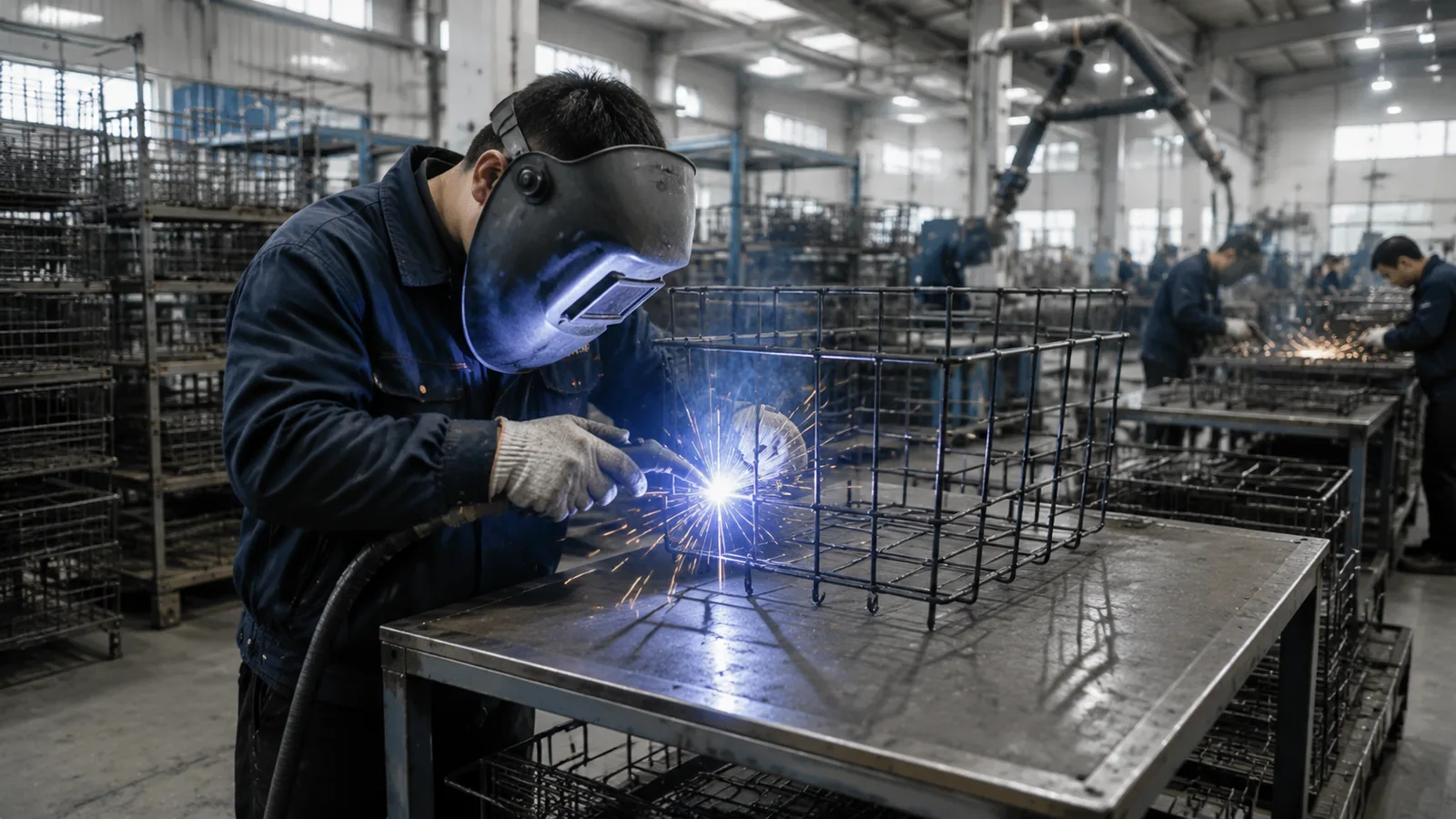 Sunrise welding workshop Sunrise worker welding a metal storage basket